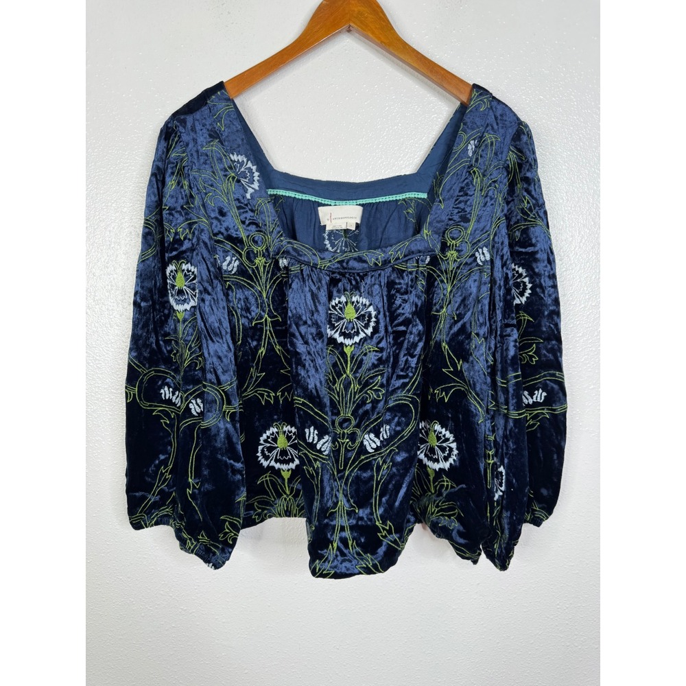 Anthropologie Navy Blue Velvet Embroidered Floral Puff Sleeve Blouse Large